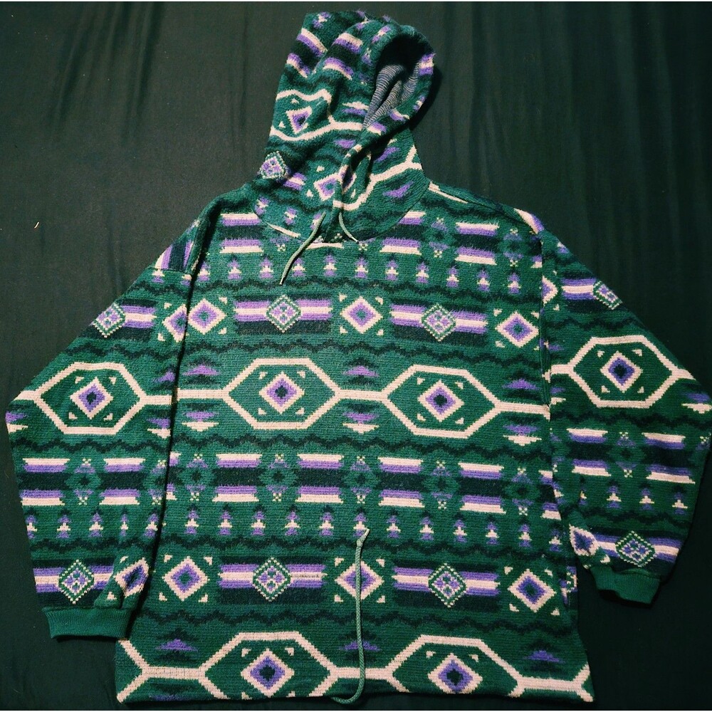 Vintage 90s Surf PAZZO Hoodie Large Green Purple Black Knit Streetwear Rad Rare